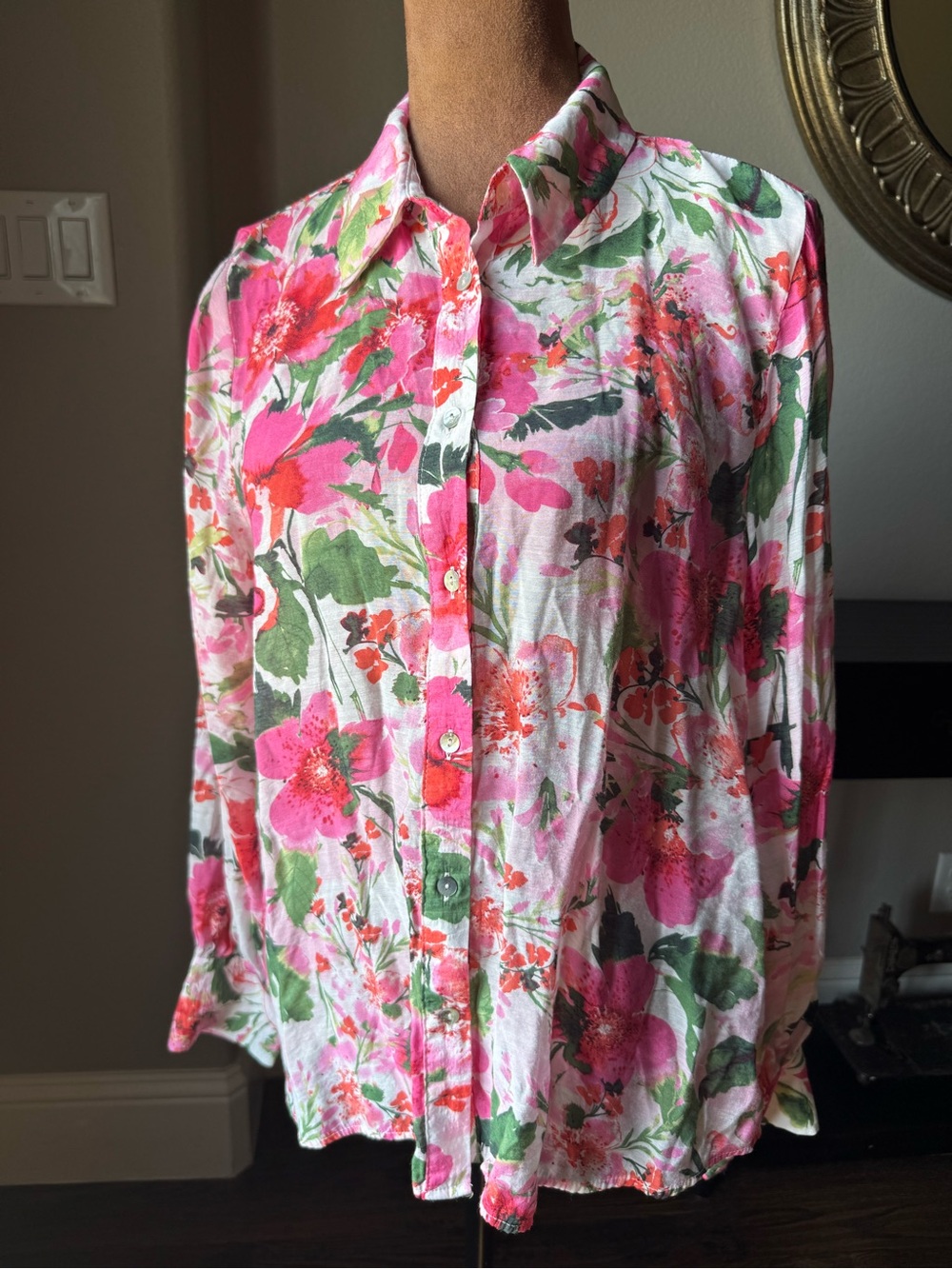 Zara Floral Button Down Blouse Pink Green Red Botanical Print XS Blouson Sleeve